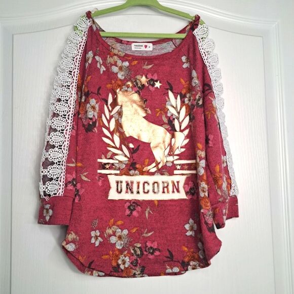 Pink Floral Metallic Unicorn shirt with Lace Crochet sleeves - Picture 1 of 4